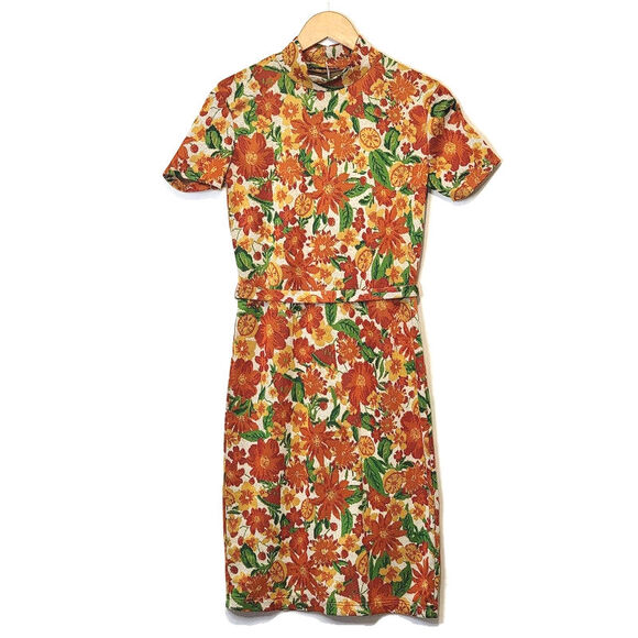 ZARA Floral Short Sleeve Mock Neck Jacquard Straight Sheath Midi Dress Size S - Picture 16 of 16